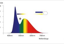 Schadet blaues LED-Licht den Augen wirklich? Spektrum sichtbaren Lichts mit Weisslicht-LED-typischem Blau-Peak.