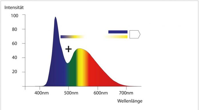 Schadet blaues LED-Licht den Augen wirklich? Spektrum sichtbaren Lichts mit Weisslicht-LED-typischem Blau-Peak.