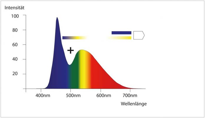 Schadet blaues LED-Licht den Augen wirklich? Spektrum sichtbaren Lichts mit Weisslicht-LED-typischem Blau-Peak.